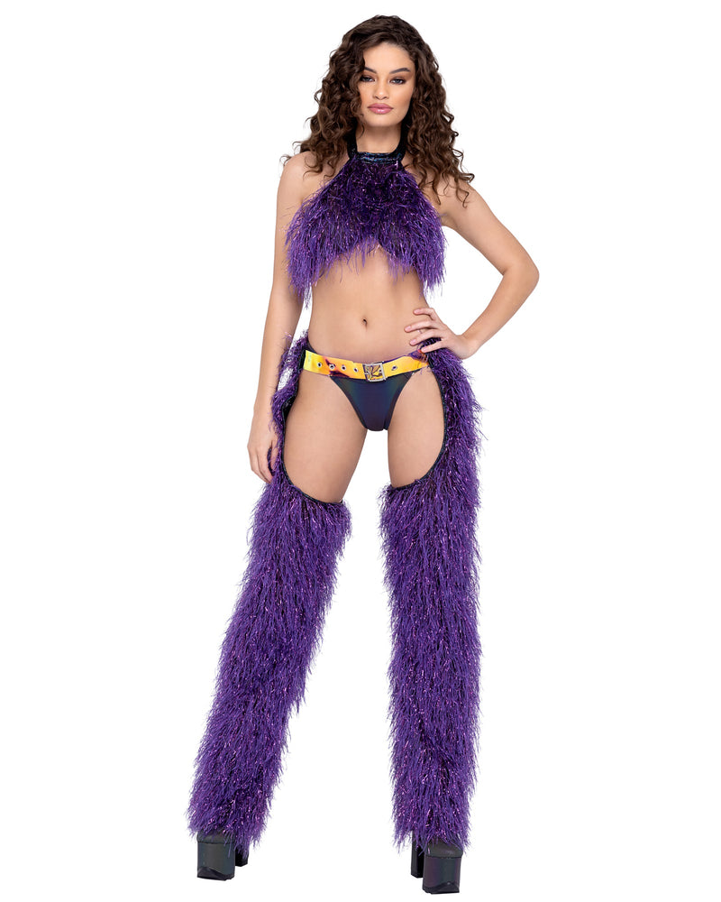 6251 - Faux-Fur Cropped Halter Neck Top - Purple / L - image 1