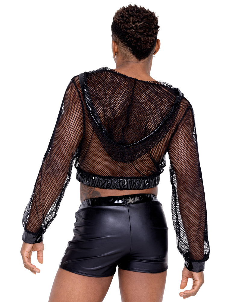 6328 - Cropped Fishnet Hoodie - Black / L - image 1