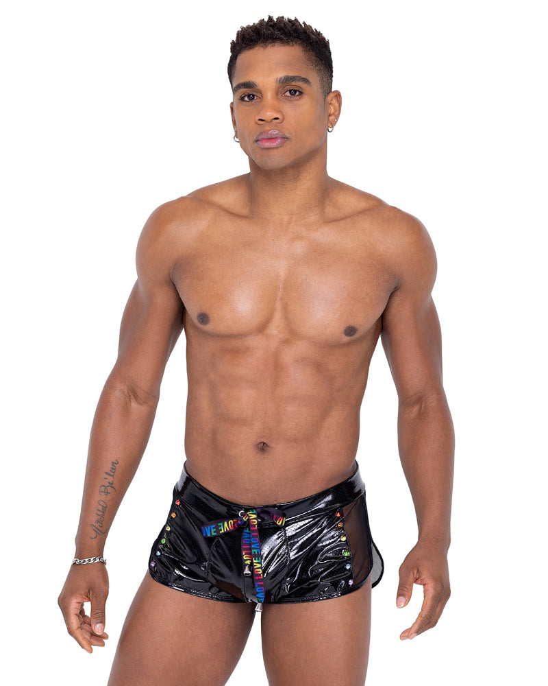 6338 - Mens Pride Mesh Vinyl Runner Shorts - Black/Multi / L - image 1