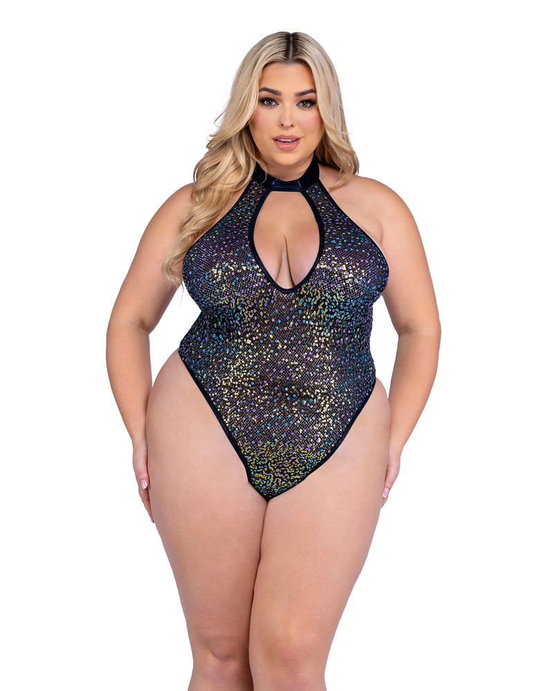 6431 - Sequin Fishnet Keyhole Romper - Black / L - image 1