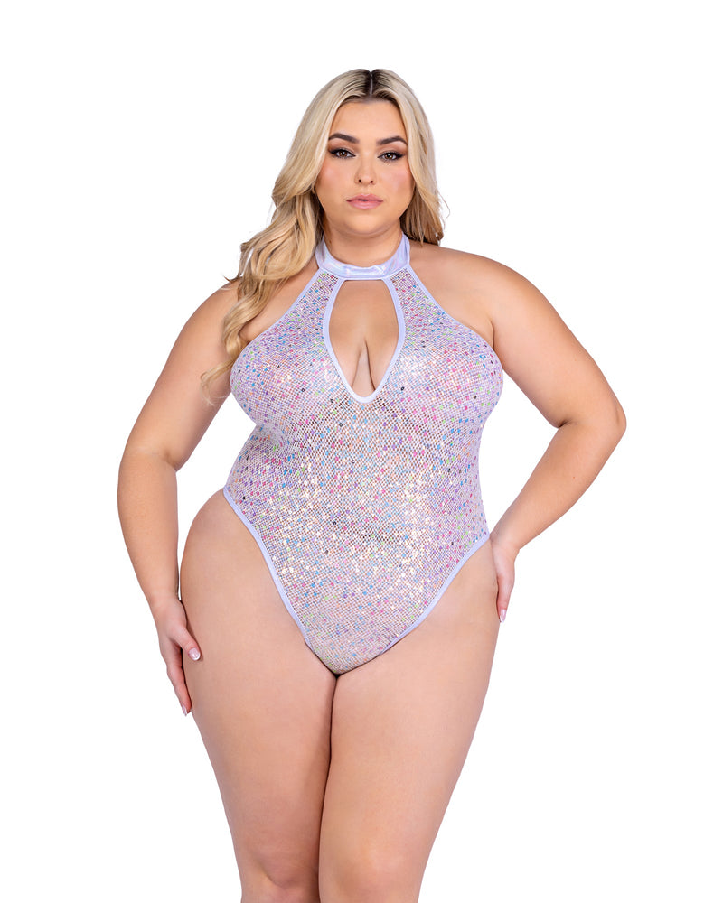 6431 - Sequin Fishnet Keyhole Romper - Black / L - image 2