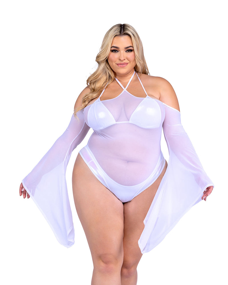 6497 - Sheer Mesh Romper with Bell Sleeves - Baby Pink / L - image 3