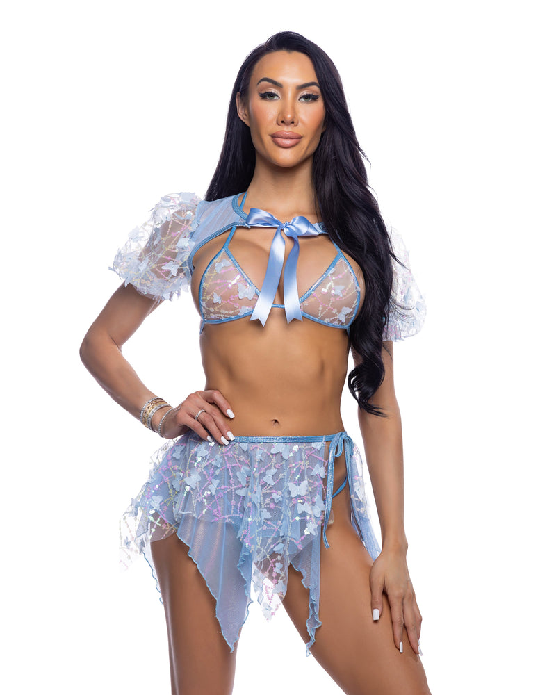 6716 - Butterfly & Sequin Multi Layered Tie Skirt - Blue / O/S - image 1
