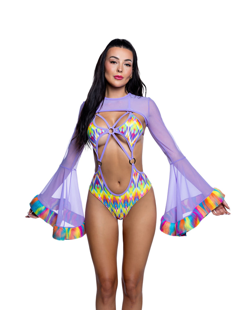 JR271 - Faux Fur Trimmed Mesh Shrug - Lavender/Melted Crayon / L/XL - image 1