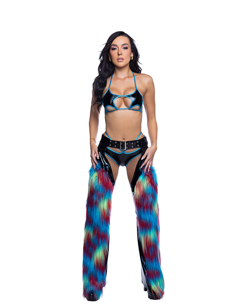 JR299 - PVC & Faux Fur Belted Chaps - Black/Twisted Parrot / L/XL - image 1