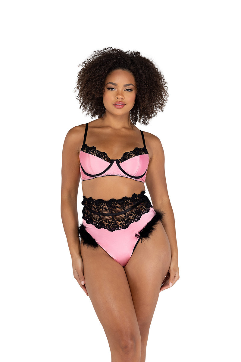 LI481 - 2PC Embroidery & Satin Bralette Set - Pink/Black / L - image 1
