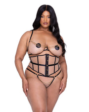 LI634 - Caged Temptress 3-Piece Waspie Short Set - Black/Nude / L - image 2