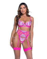 LI695 - Sultry Siren 3-Piece Garter Bra Set - Pink/Multi / L - image 1