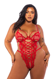 LI717 - Baroque Heart Crotchless Teddy - Red / L - image 2