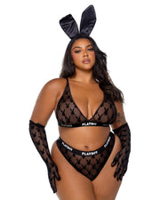 PBLI161 - Playboy Flocked Bunny Bralette 2pc Set - Black / Large - image 1