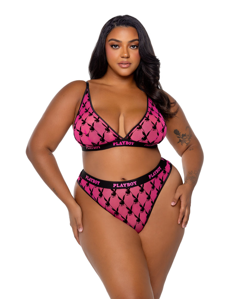 PBLI161 - Playboy Flocked Bunny Bralette 2pc Set - Black / Large - image 2
