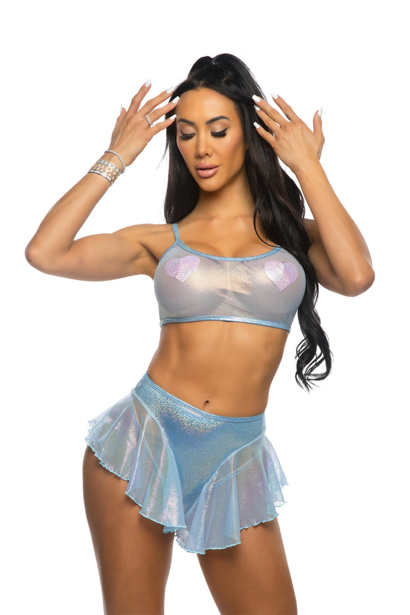 JR169 - Mesh/Fishnet Flutter Short - Baby Blue Holo Fishnet / L/XL - image 1