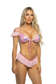 JR176 - Metallic/Coated Fishnet Ruffle Bikini Set - Baby Blue Metallic / M/L - image 2