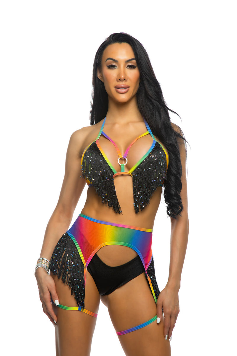 JR208 - Rainbow Fringe Top, Garter & Short Set - Rainbow/Black / M/L - image 1