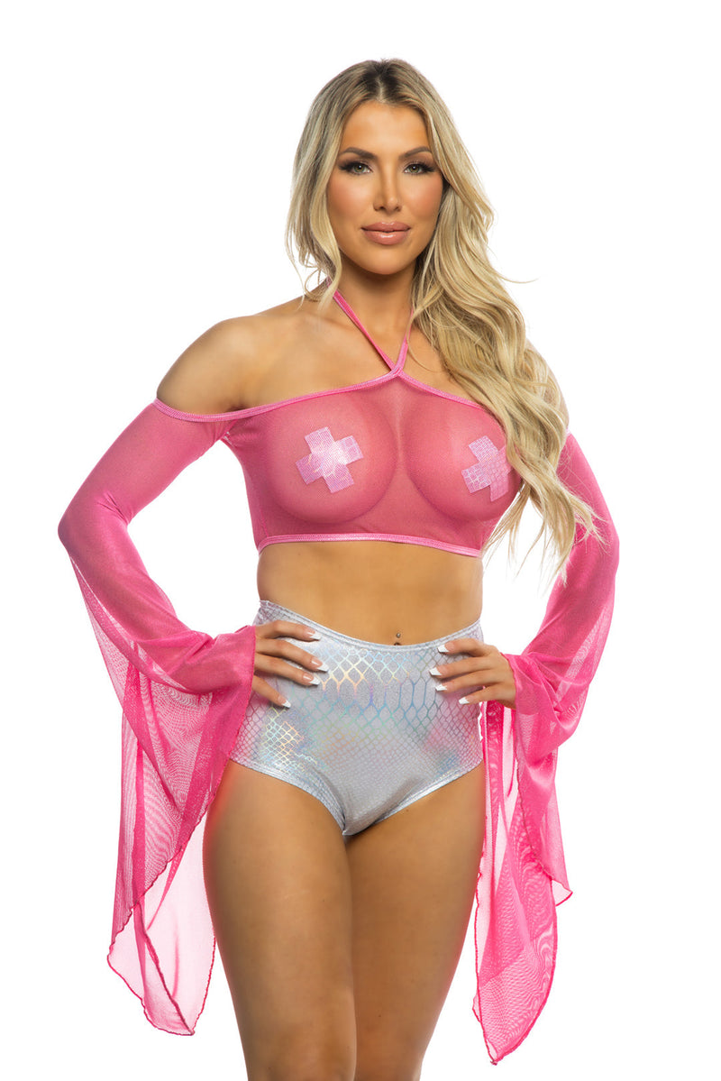 JR237 - Coated Fishnet Flair Sleeve Halter - Hot Pink / M/L - image 2