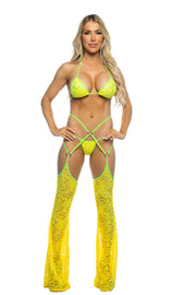 JR238 - Stretch Lace 3Pc Bikini & Chaps Set - Hot Pink / One Size - image 2
