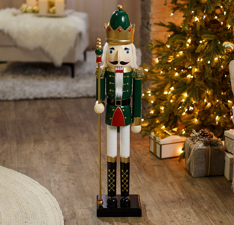 3 Ft. Large Classic Green Wood Holiday Nutcracker with Scepter | Costume-Shop.com