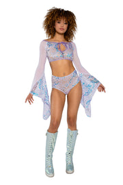 JR171 - Fishnet/Mesh Sequin Flair Sleeve Top - Baby Blue / L/XL - image 2