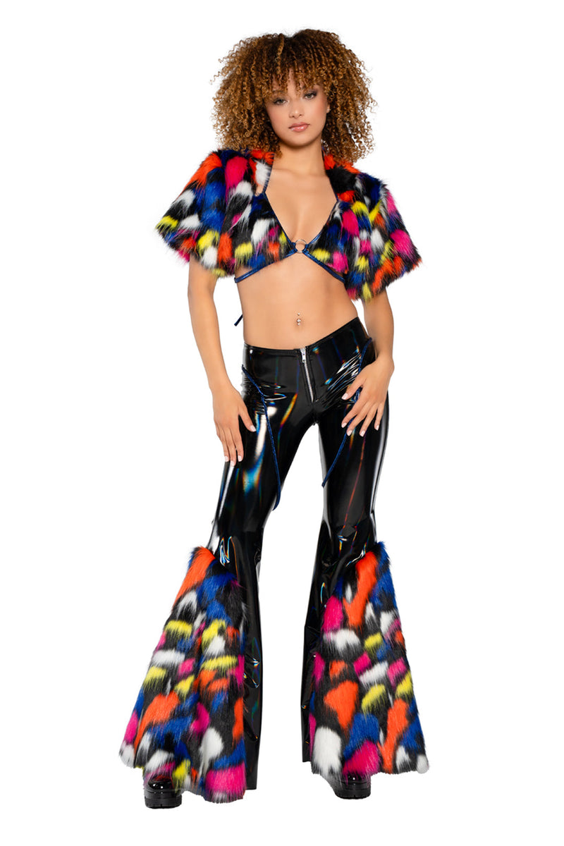 JR222 - Holo PVC/Faux Fur Bell-Bottom Pant - Black/Lava Lamp / M/L - image 1