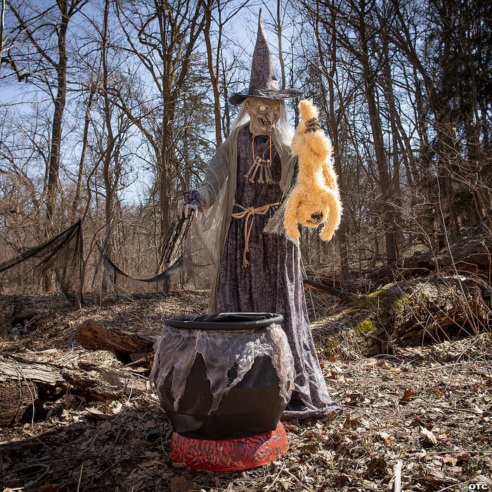 7' Animated Witch with Cat & Cauldron Halloween Decoration