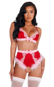 Lace & Satin Marabou Bra Set - Red/Pink / XL - image 1