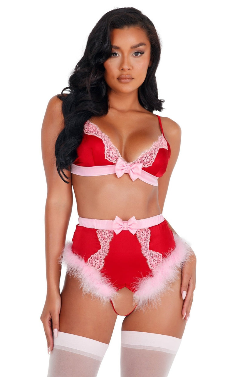 Lace & Satin Marabou Bra Set - Red/Pink / XL - image 1