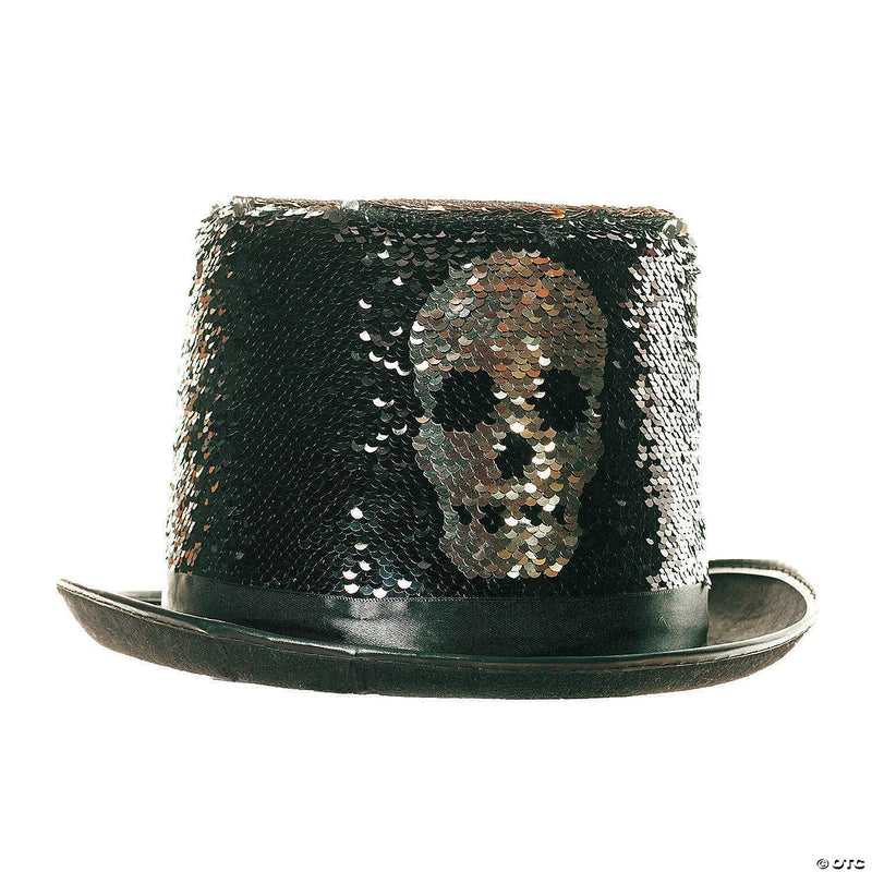 Adult Silver Reversible Sequin Skull Top Hat - image 1
